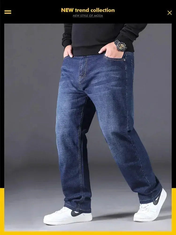 Men's loose-fit blue denim jeans with faded whiskering for a relaxed straight-leg look
