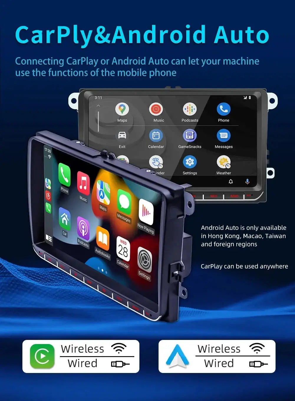 Two Simples Market 2Din Android car radios for VW/Skoda, CarPlay and Android Auto, GPS navigation, touchscreen