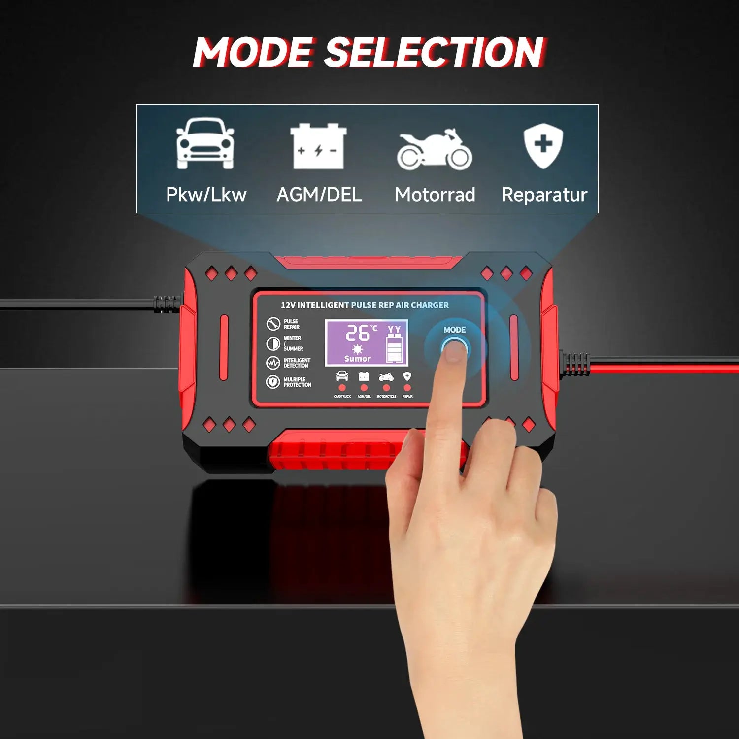 6A 12V intelligent car and motorcycle battery charger with LCD display, for lead-acid batteries — Simples Market