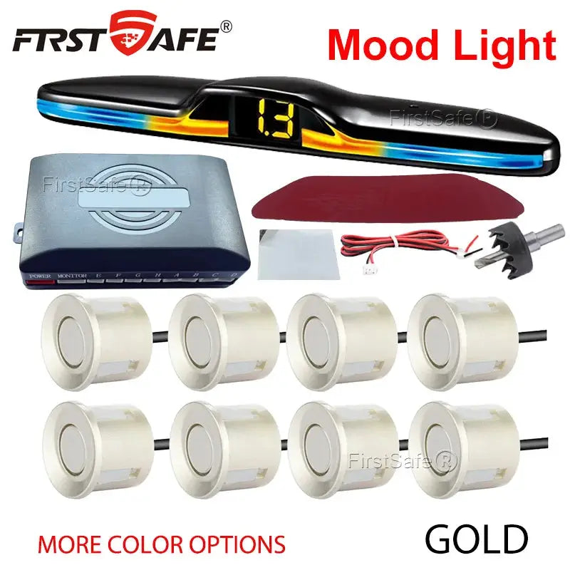 FirstSafe parking sensor kit with mood light display; includes 8 white sensors, control unit, and gold color option.