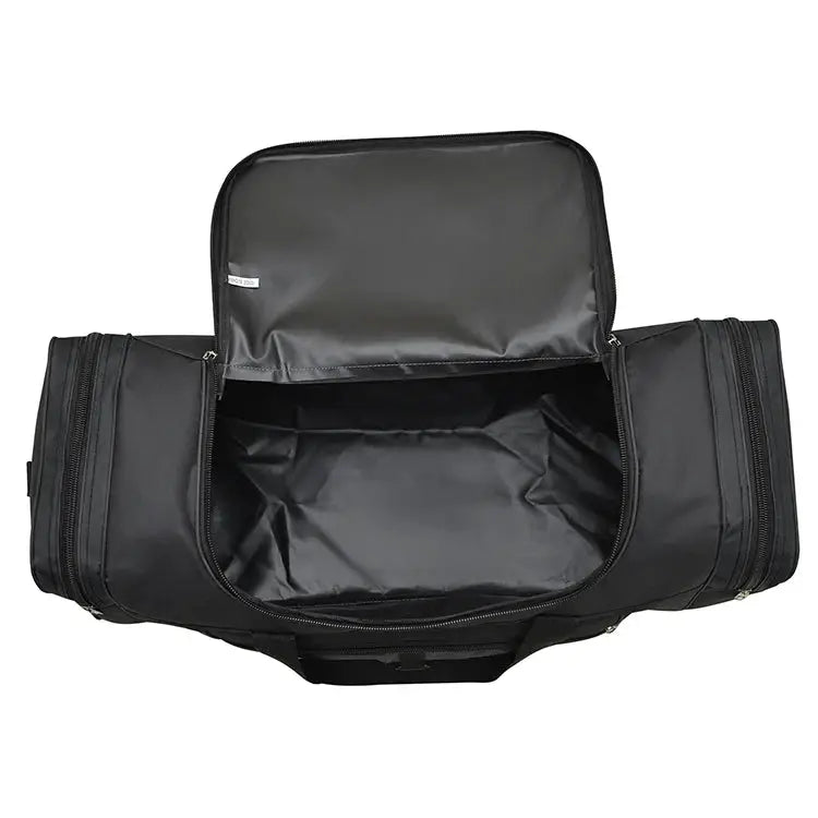 Oversized black handbag with multiple zippered end pockets and a spacious interior