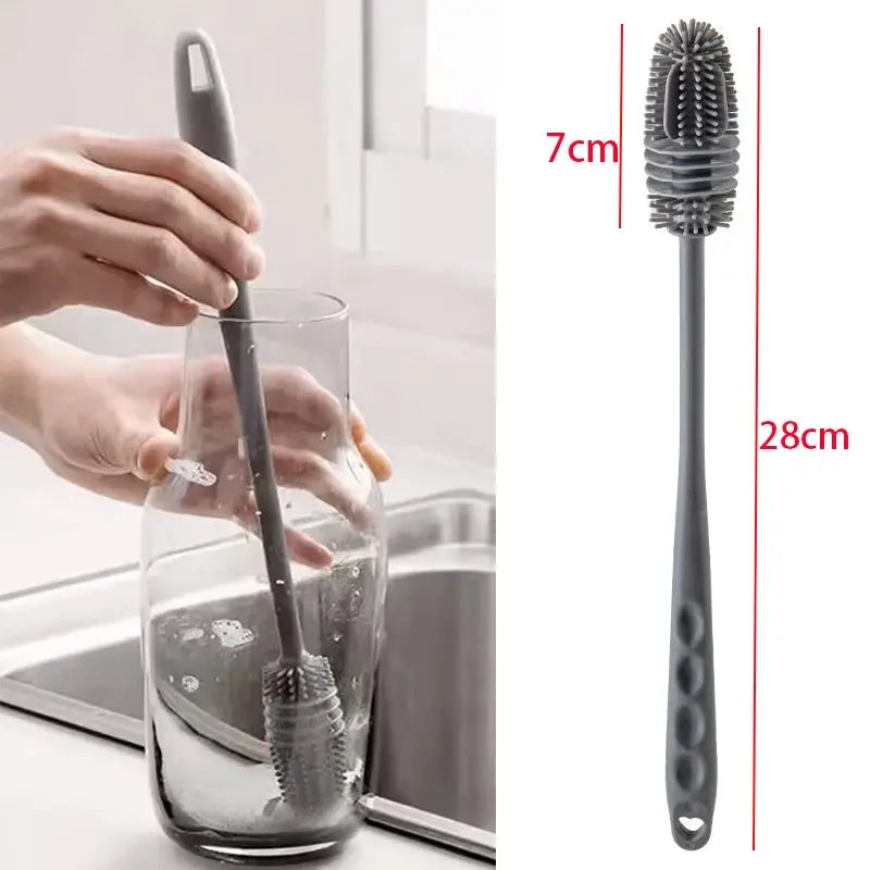 Simples Market long-handle cup brush, gray bottle scrubber with 28 cm handle and 7 cm head, for glass jars and cups.