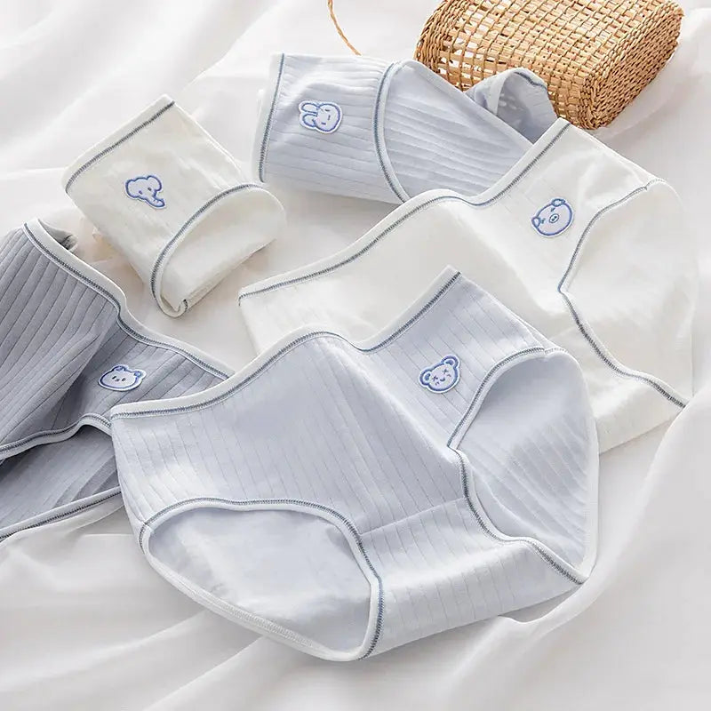 5-pack cotton women's briefs set in white and light blue with fruit cartoon prints and bear faces