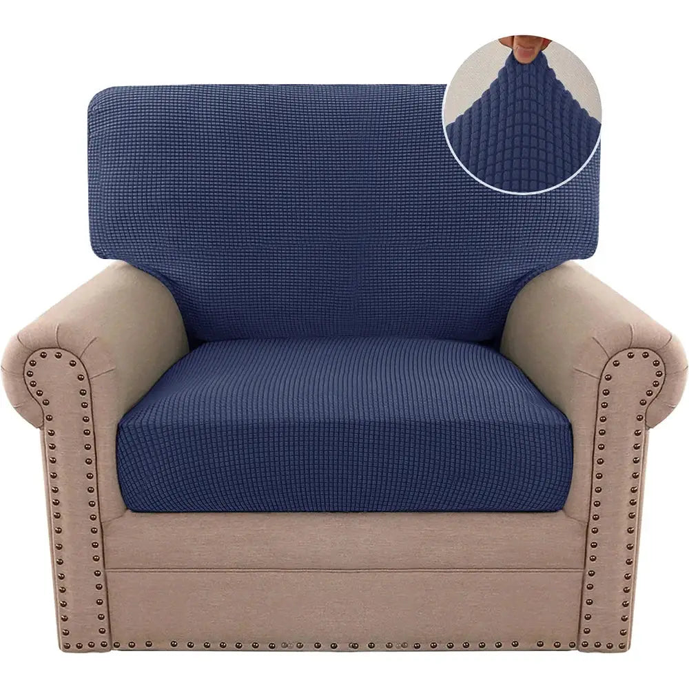 Blue jacquard sofa cover for beige armchair; stretch polar fleece, removable couch protector.