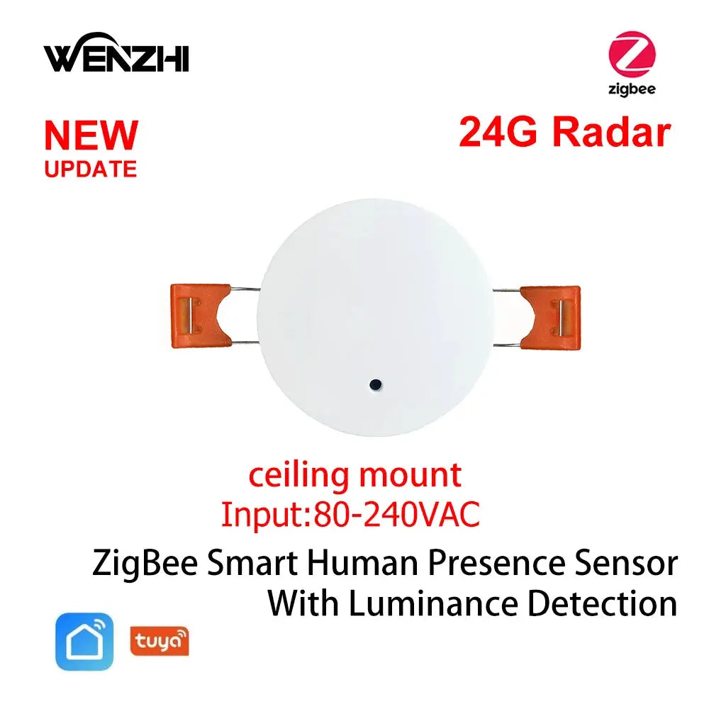 White circular ceiling-mount ZigBee motion sensor with luminance detection and orange brackets for home automation