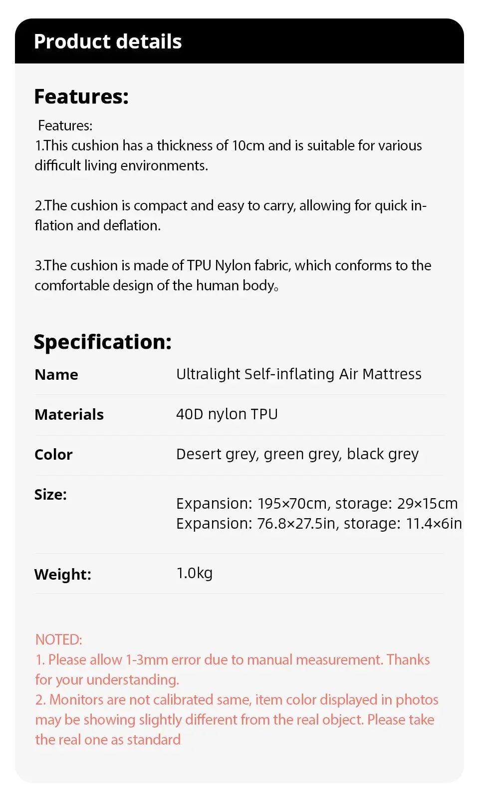 Ultralight Self-inflating Air Mattress by Simples Market; 40D nylon TPU, desert grey/green grey/black grey.
