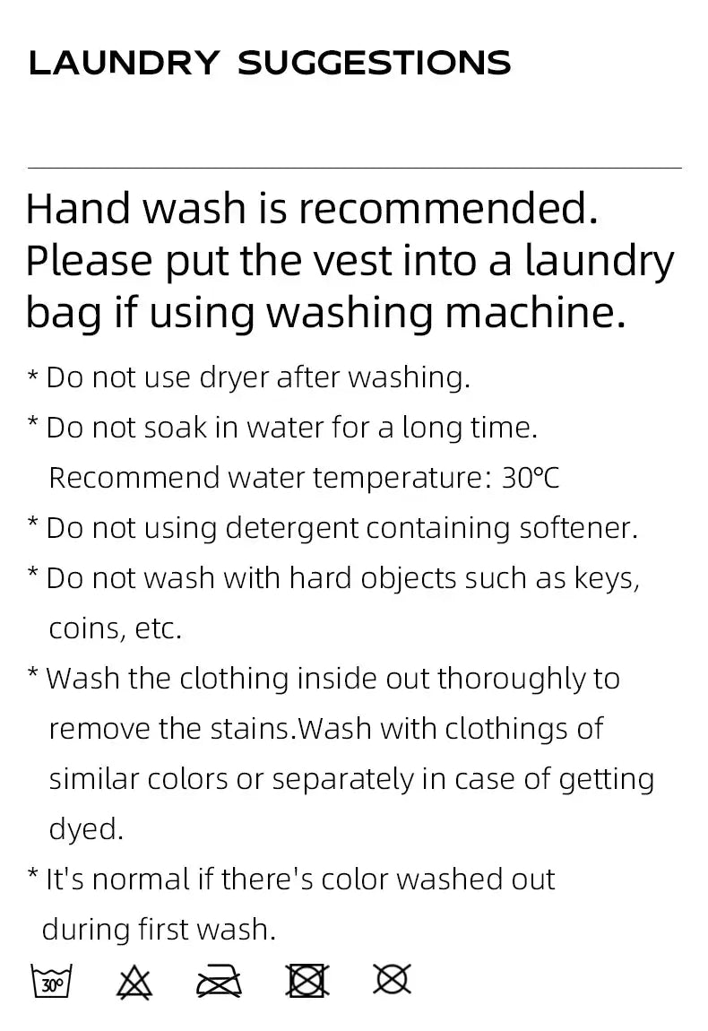 Laundry care guide with washing instructions and care icons for clothing.