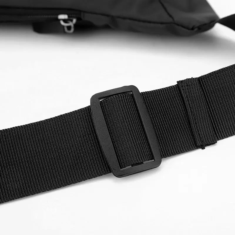 Unisex waterproof waist bag with adjustable black nylon strap and rectangular buckle