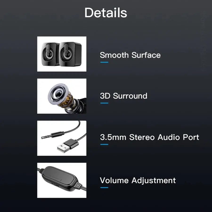 Simples Market computer speakers with smooth surface, 3D surround, 3.5mm stereo port, and volume adjustment