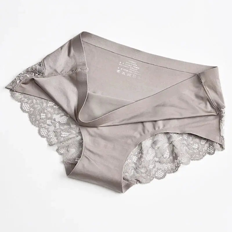 3-piece set of women's satin lace briefs in taupe with scalloped lace trim