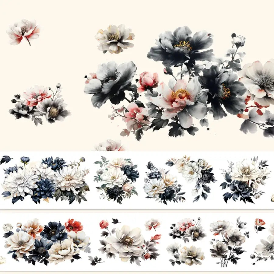 Simples Market 2M roll PET decorative tape featuring black and white ink-style floral designs