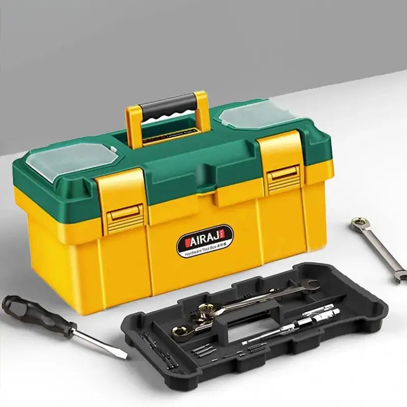 AIRAJ plastic ABS tool storage box with handle; yellow/green portable tool organizer with removable tray and tools