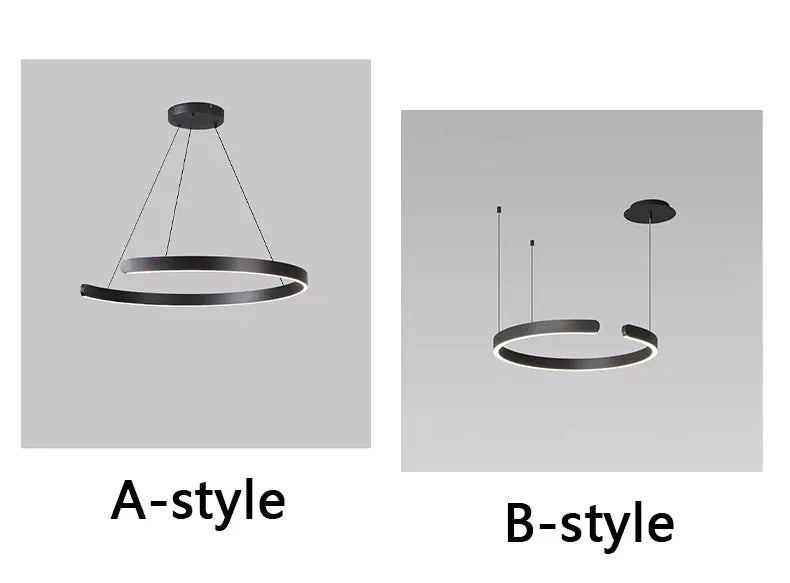 Modern ring ceiling chandelier, black metal LED pendant, A-style and B-style variants.