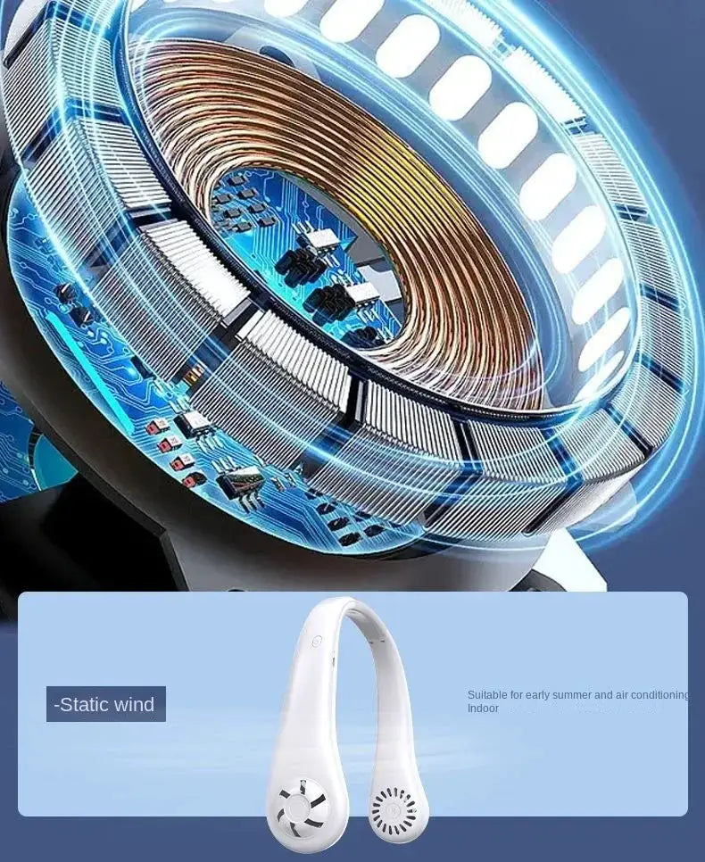 Simples Market hands-free neck fan, white bladeless wearable USB rechargeable cooling fan with 3 speeds.