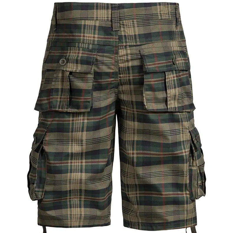 Men's plaid cargo shorts, olive-green tones, loose fit with multiple pockets, cotton blend
