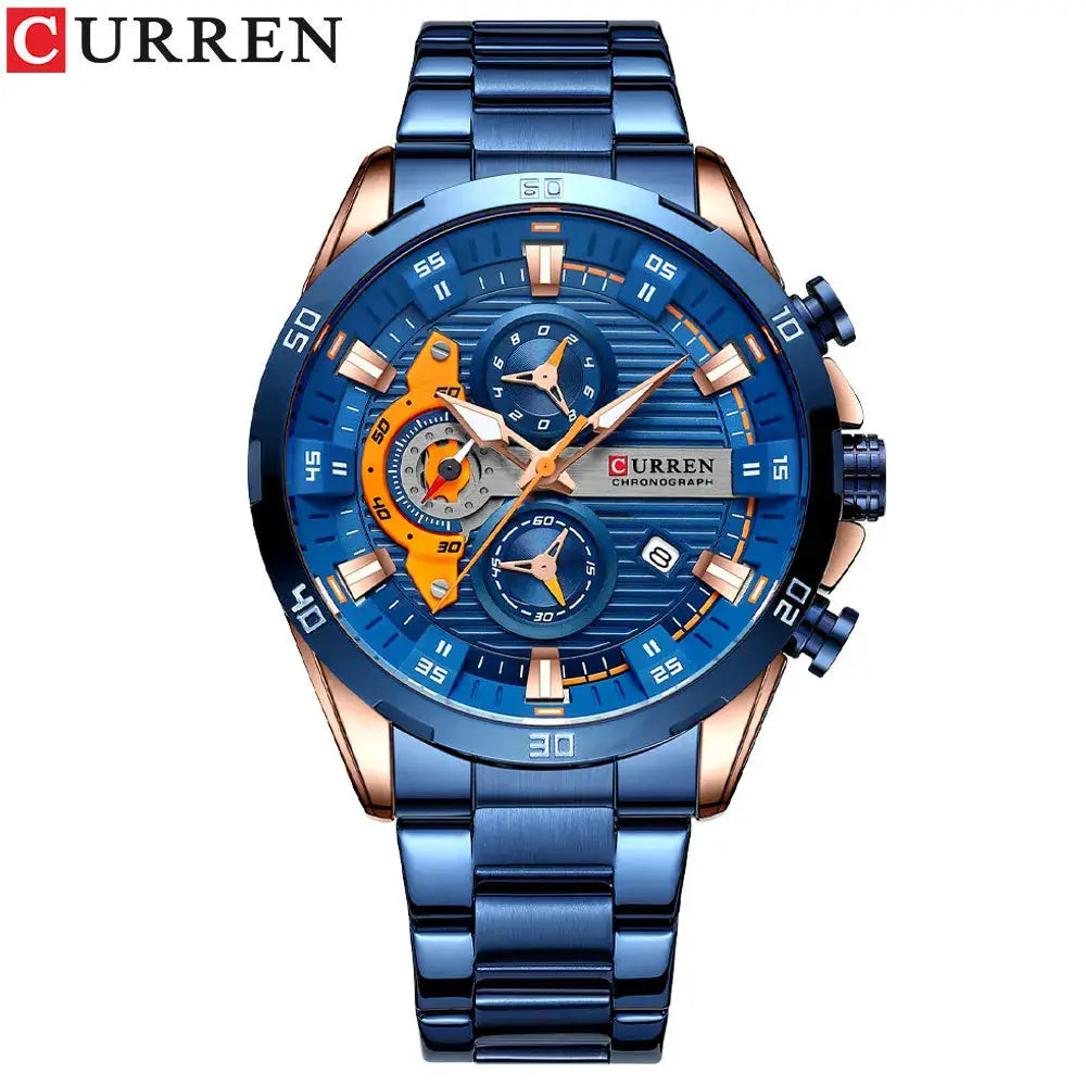 CURREN 8402 men's stainless steel watch with blue dial, rose gold accents, chronograph