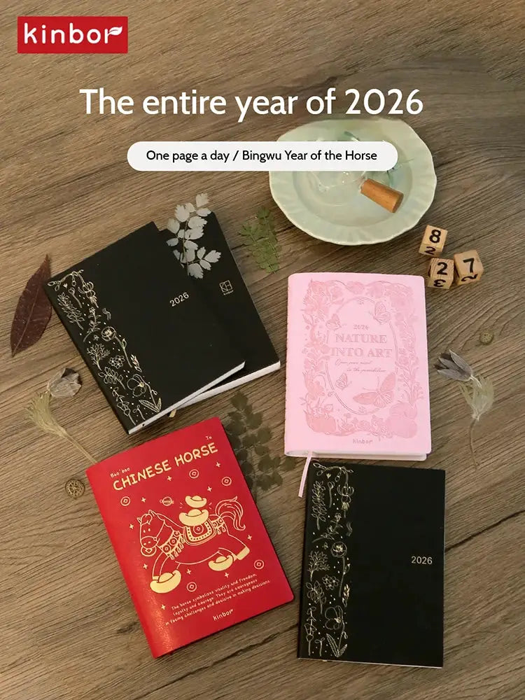 Kinbor 2026 pocket planner notebook set of 4 with black floral, pink Nature Into Art, red Chinese Horse covers