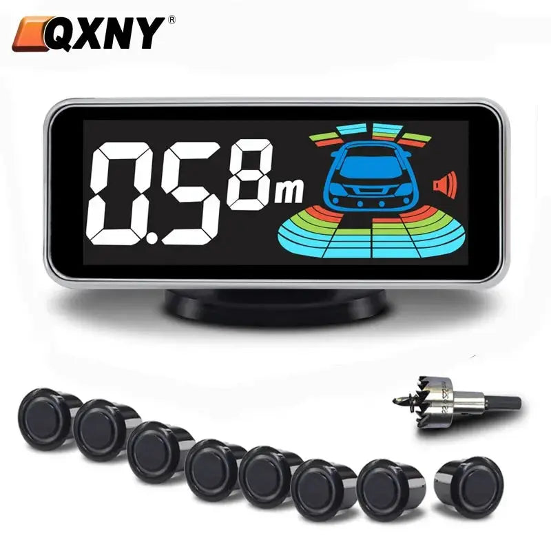 QXNY parktronic eight-sensor parking sensor kit with black circular sensors and digital display