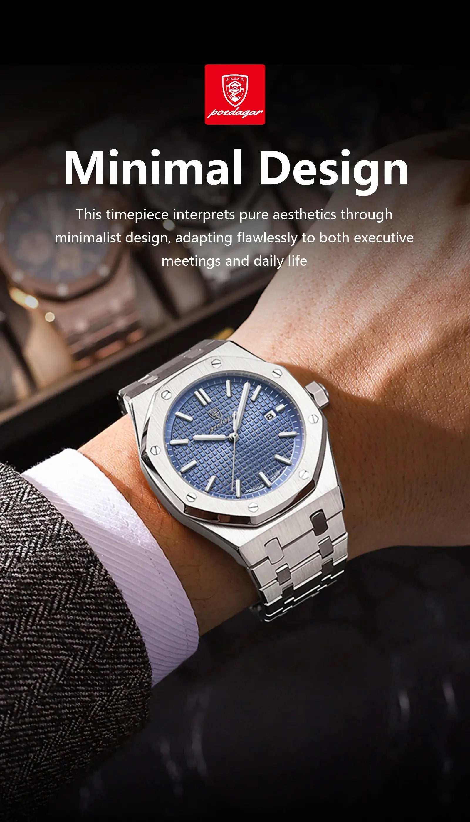 POEDAGAR men's luxury stainless steel wristwatch with blue textured dial and date window