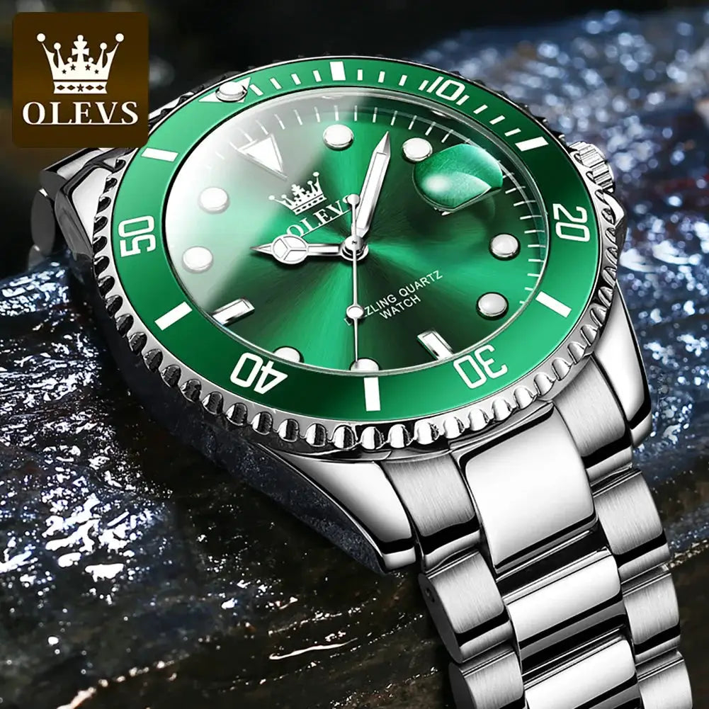 OLEVS green-dial men's wristwatch, stainless steel bracelet, quartz, waterproof, calendar, luminous hands