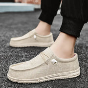 Men's beige canvas loafers with a vulcanized sole; lightweight breathable casual shoes