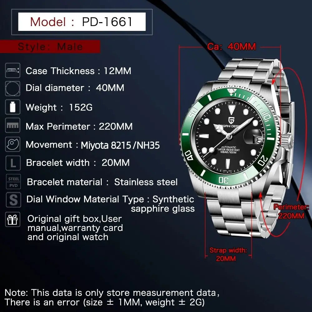 PAGANI DESIGN 2026 Mens Automatic Mechanical Watch 40mm Stainless Steel Waterproof Miyota 8215 Relogio