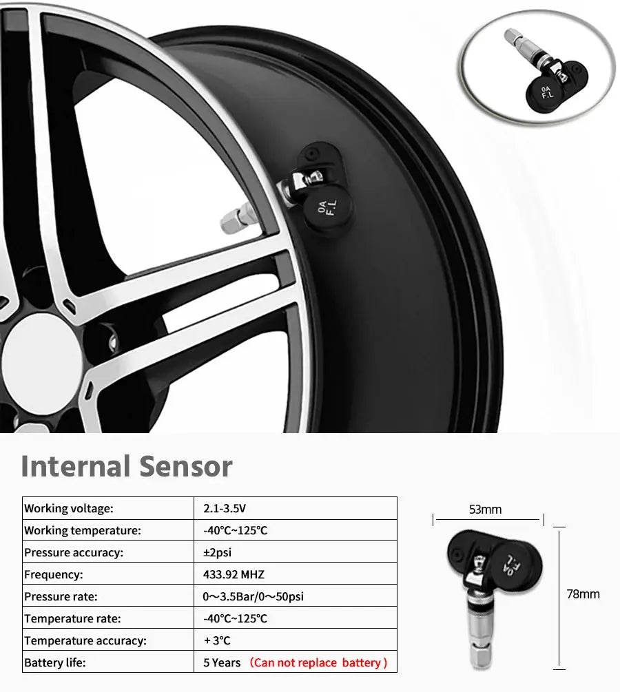 E-ACE Solar Power TPMS sensor for car tires mounted on a black alloy wheel with a valve stem
