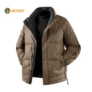 Winter men's brown duck-down puffer jacket, windproof casual outdoor coat