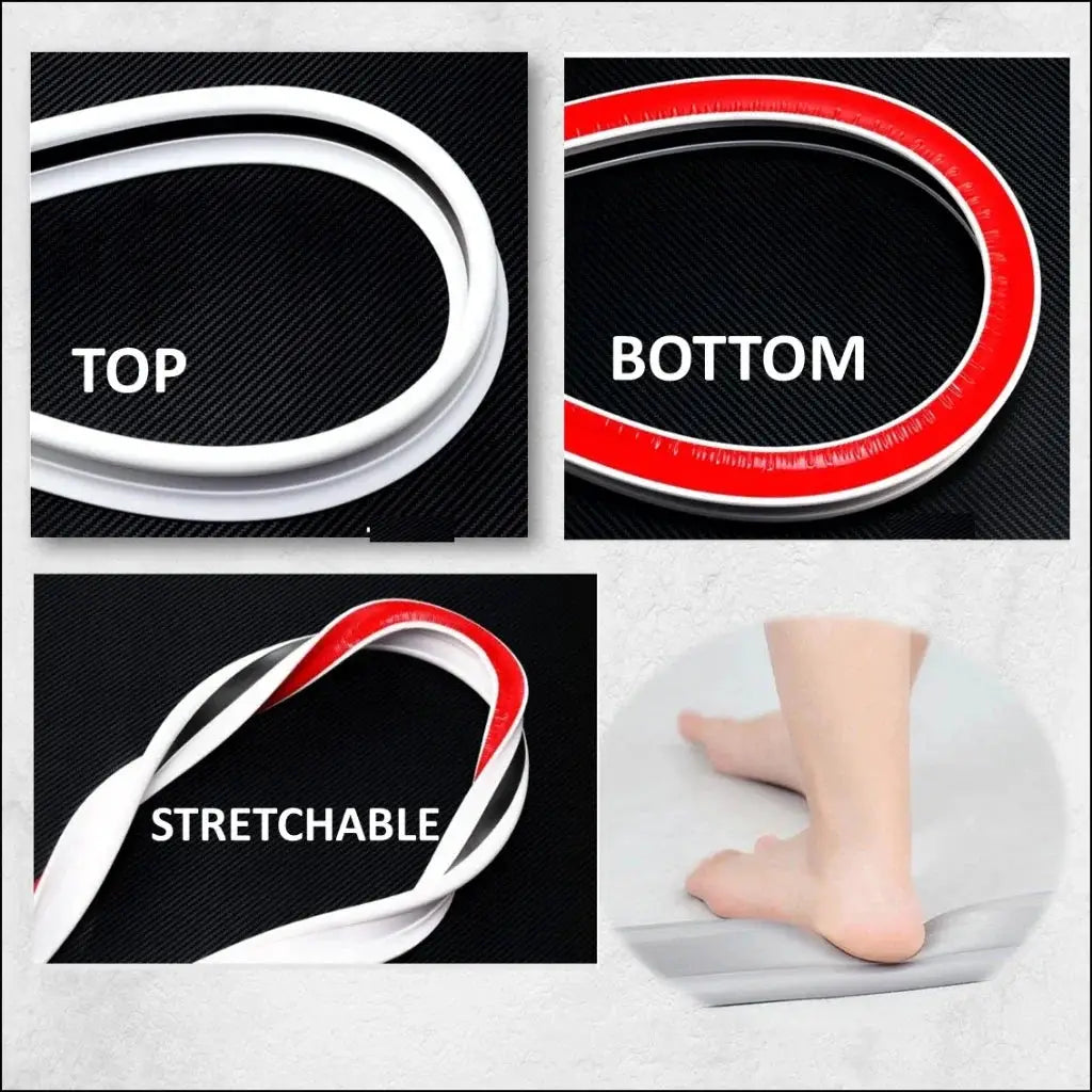 Bathroom silicone bendable water barrier strip Simples Market; white and red, stretchable shower/kitchen edge separator.
