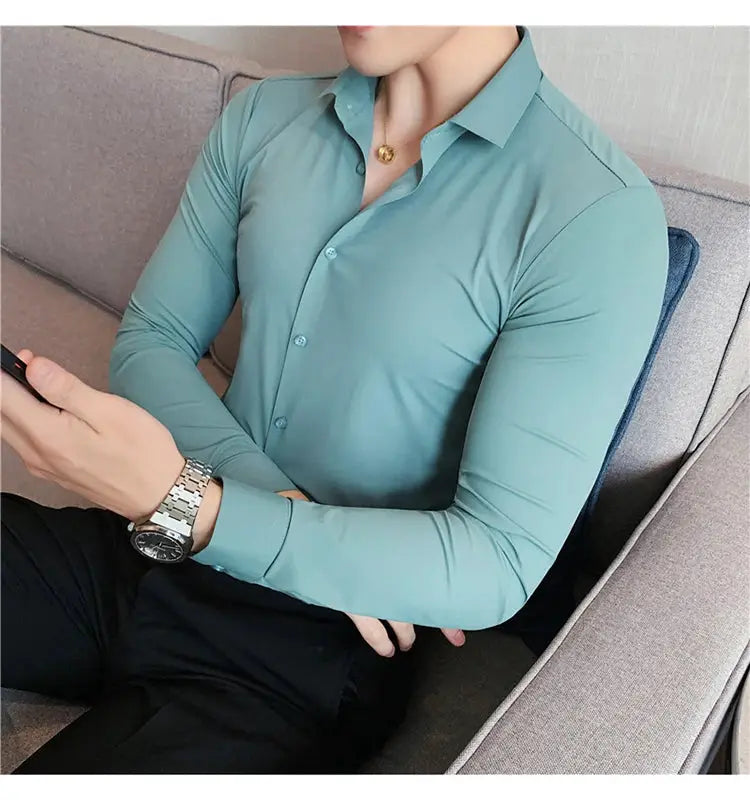 Men's seamless long-sleeve shirt in teal by Simples Market, plus-size 4XL-M, slim luxury dress shirt