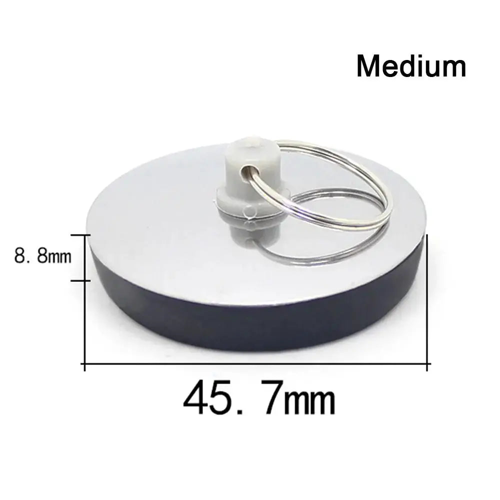 Stainless steel bath plug stopper with rubber seal and pull-ring, 1-piece bathroom drain accessory.