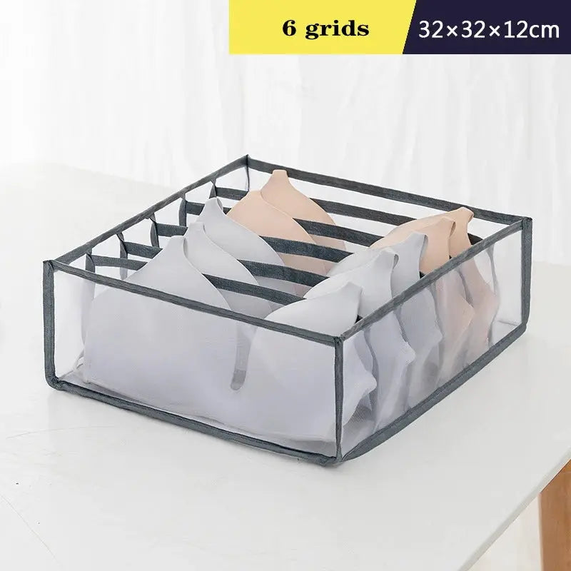 Storage organizer with 6 grid compartments, 32x32x12cm, gray frame and mesh sides for underwear and socks