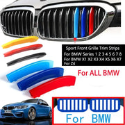 3Pcs BMW front grille trim strips by Simples Market; colorful set for BMW Series 1–8 and Z4, includes blue red yellow.