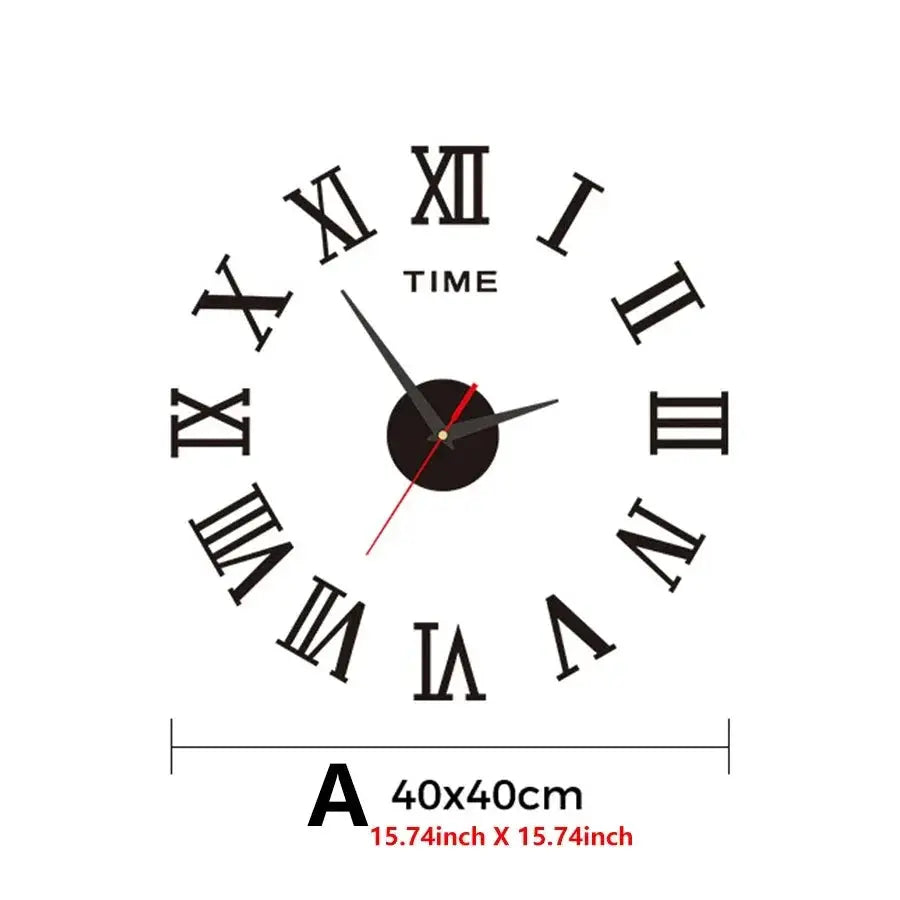 Large 3D DIY silent wall clock sticker by Simples Market with black Roman numerals and red second hand, 40x40 cm