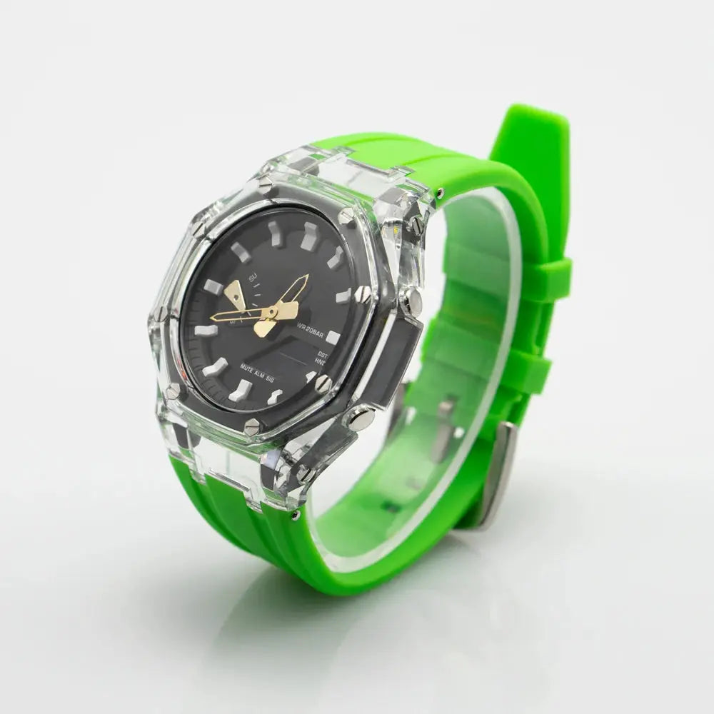 Transparent Casioak mod kit with neon green silicone strap for GA2100/GA2110 watches