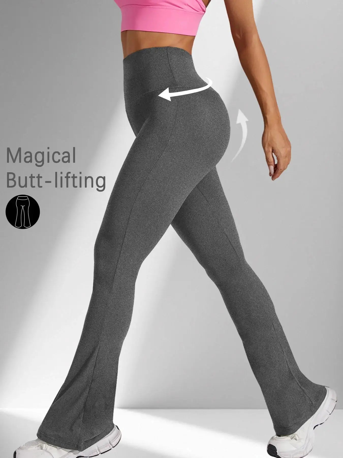 Women's grey high-waisted flare leggings with tummy-control for yoga workouts.