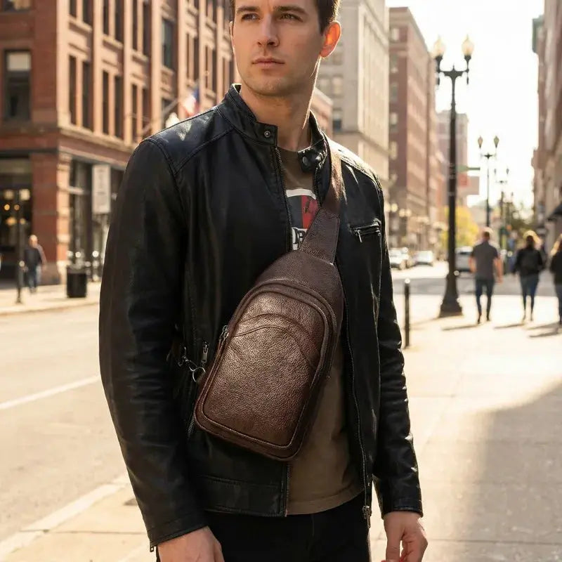 Leather chest bag; brown genuine top-grain leather, large-capacity crossbody