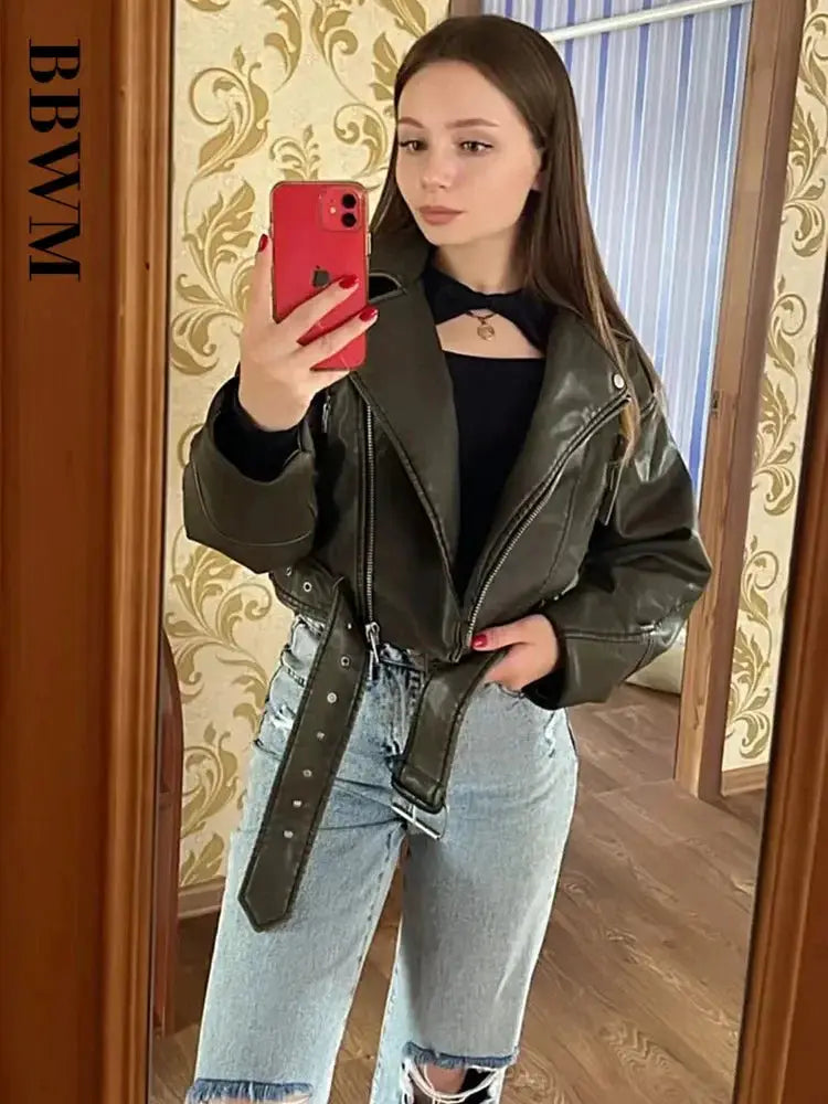 BBWM Women Oversized Vintage PU Leather Short Jacket With Belt Retro Moto Biker Streetwear Outerwear