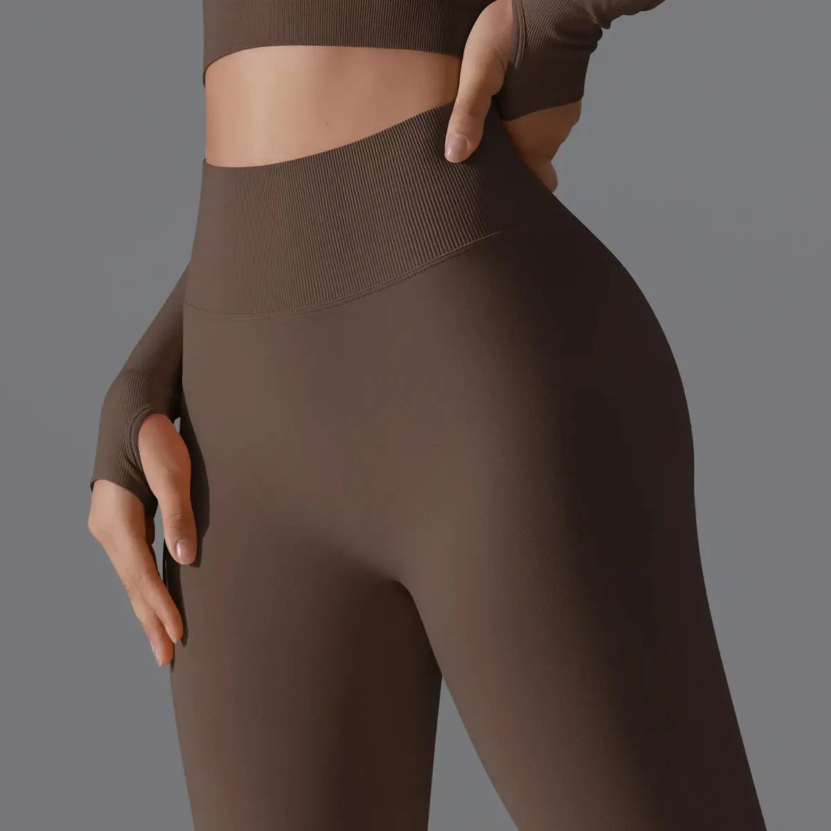 Women's seamless brown yoga leggings with high-waist tummy control, Simples Market