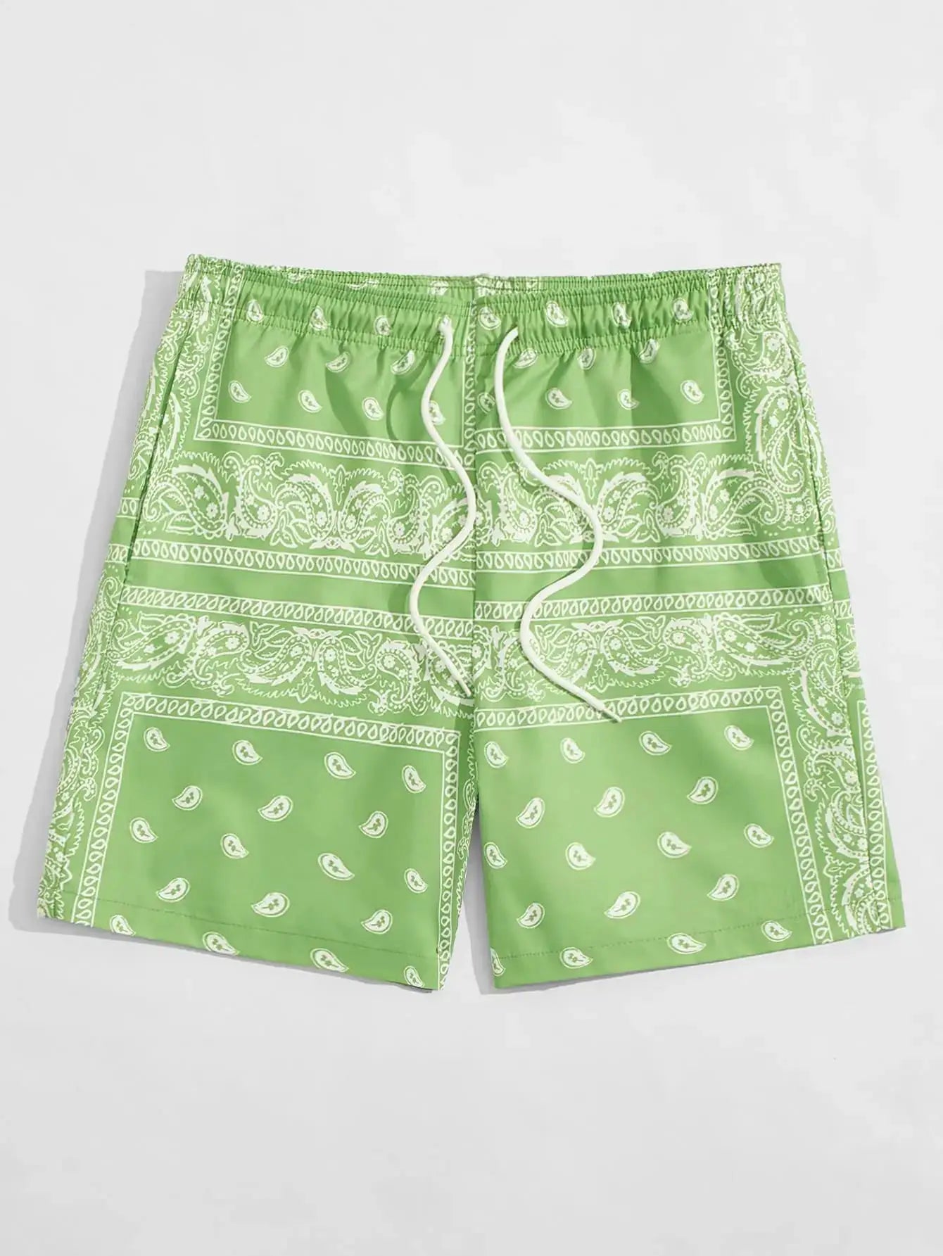Trend Bandana Graphic Beach Short for Men by Simples Market, green bandana print with white drawstring