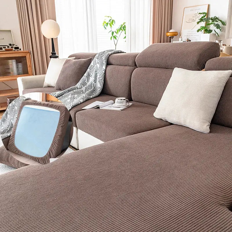 String plush sofa cover by Simples Market in brown, elastic and removable.