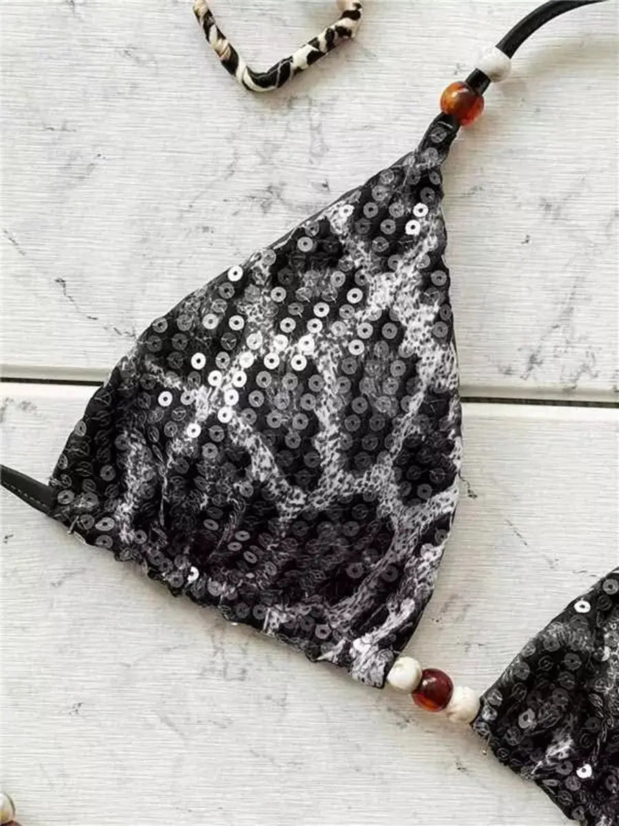 Leopard sequins halter bikini set from Simples Market; black sequin fabric, women's two-piece swimsuit