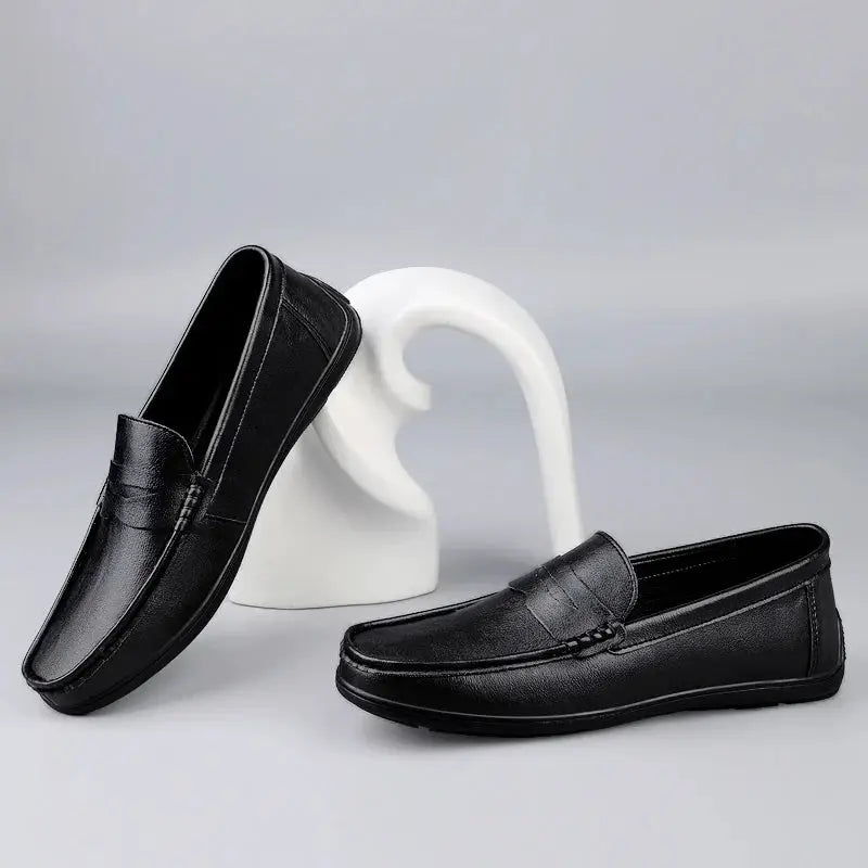 Genuine leather men's loafers, black slip-on dress shoes, breathable casual wear, two shoes shown