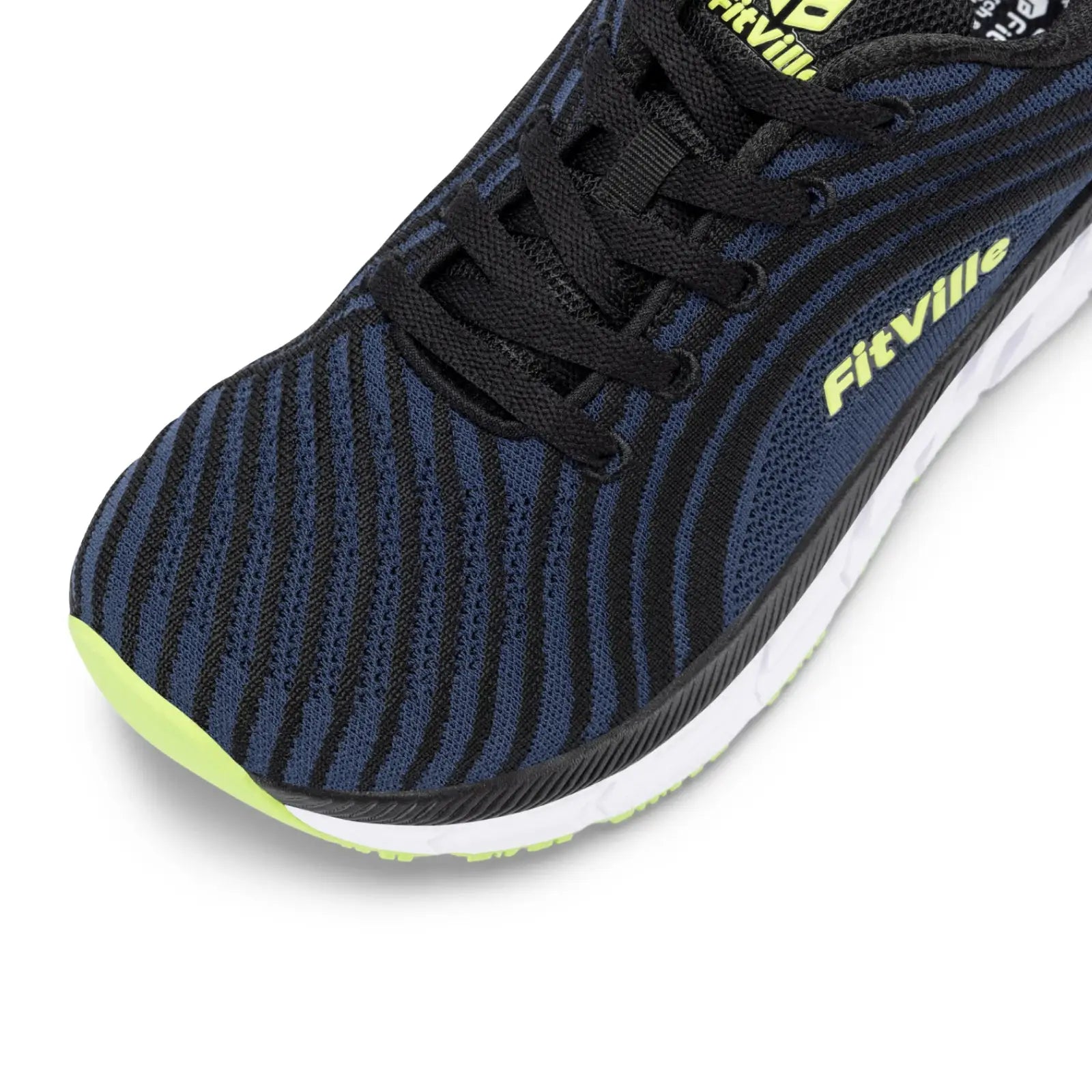 FitVille men's running shoe with wide toe box, blue/black striped knit and lime logo on side