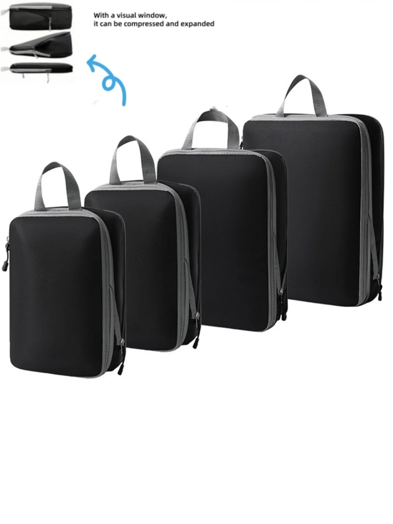 Simples Market 4-piece waterproof packing cubes set in black with gray trim and handles