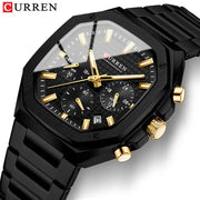 CURREN men's square black stainless steel chronograph watch with gold-tone hands and date display