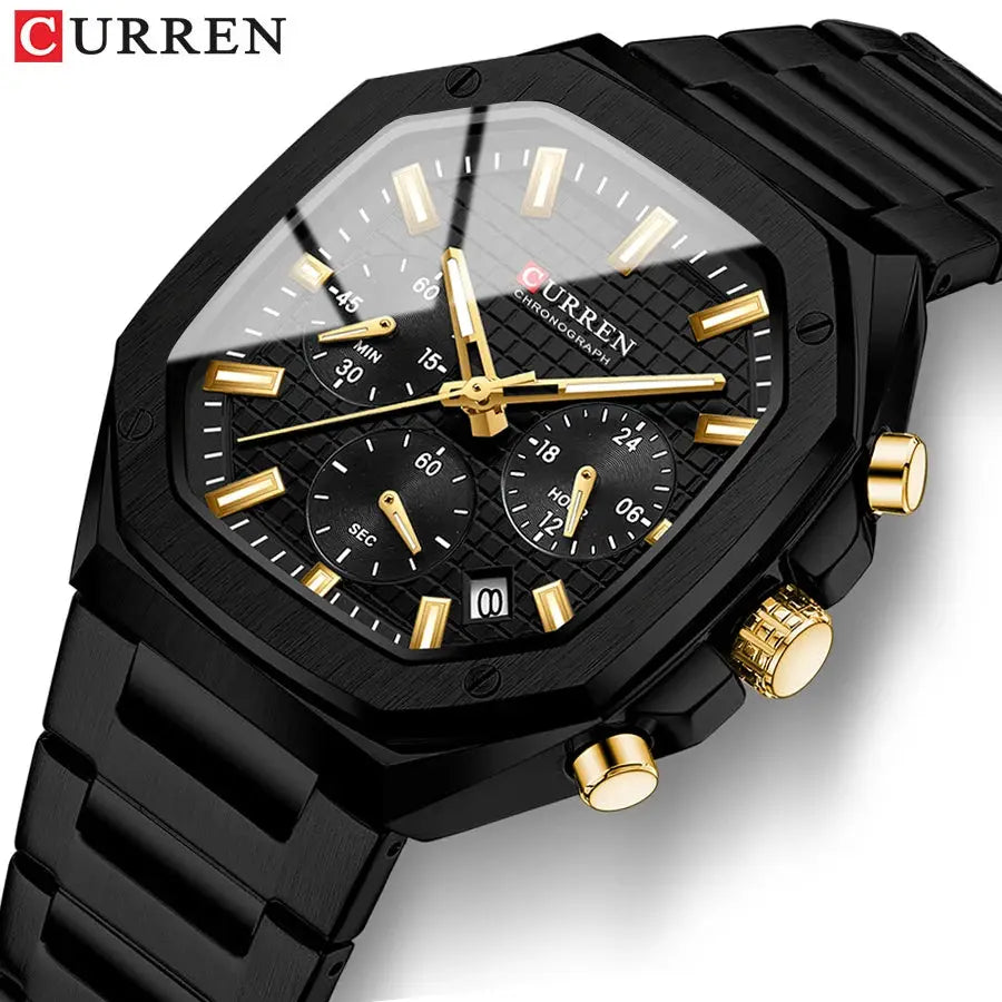CURREN men's square black stainless steel chronograph watch with gold-tone hands and date display