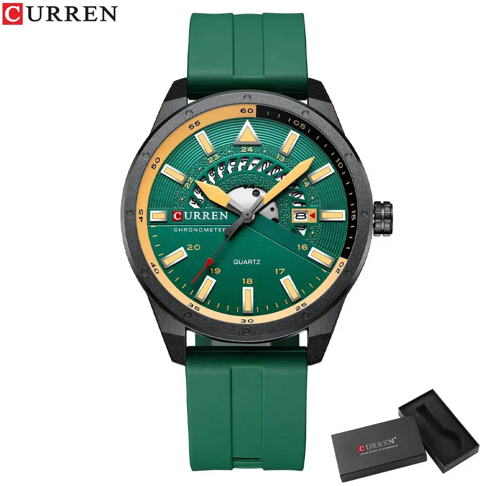 CURREN men's watch with green silicone strap, green dial, gold-tone hands and date window