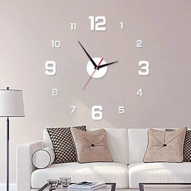 Large 3D DIY silent wall clock sticker with white numerals on a wall, central white hub, black hands and red second hand