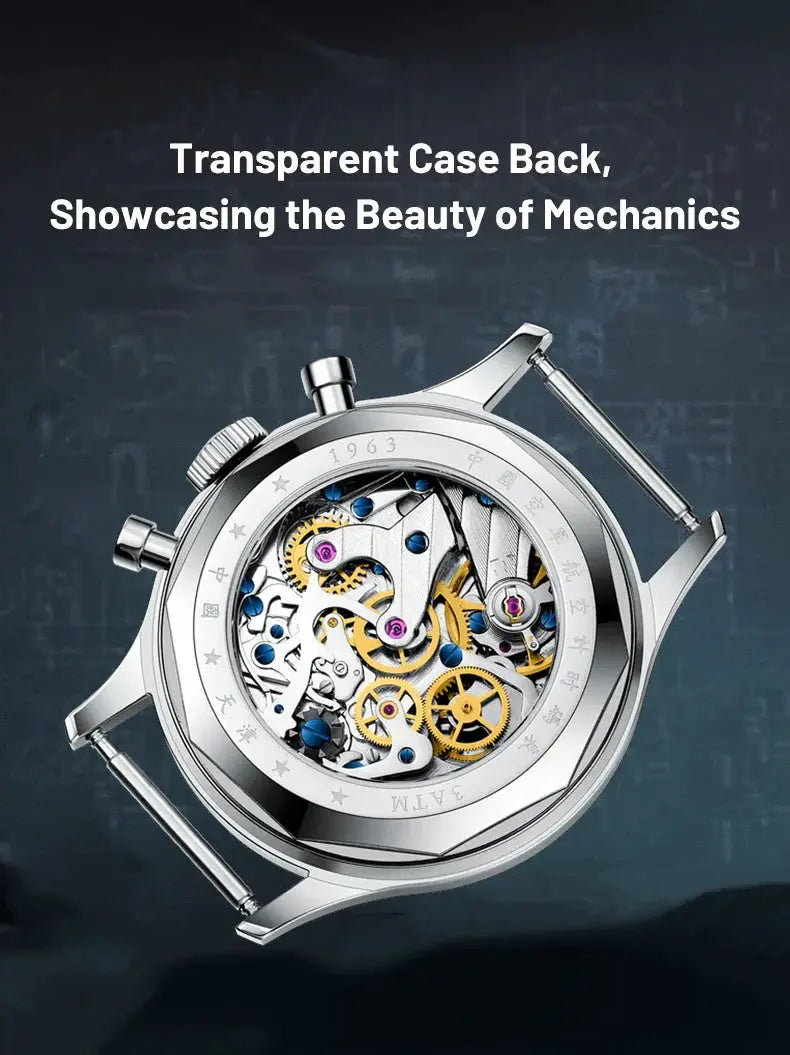 Seagull 1963 mechanical skeleton wristwatch, stainless steel case, retro chronograph, Simples Market